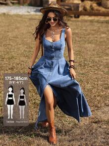 SHEIN Tall Đầm denim nữ không tay cài cúc phía trước, kiểu dáng thường ngày. - Màu xanh lam - Xem 1