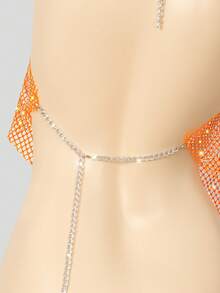 Allurite Women's Summer Beach Music Vacation Style Sheer Fishnet Rhinestone Embellished Backless Chain Halter Top Orange - Orange - View 3