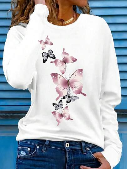 NostaNoir Standard Fit Butterfly Print Round Neck Casual Versatile Long Sleeve T-Shirt Graphic Tees Women Tops For Autumn Cloth For Women Travel White And Black