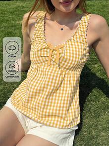 CovetEZ 女士甜美度假风橙白格子上衣，荷叶边设计，饰有蝴蝶结 - 珊瑚橙 - 查看 2