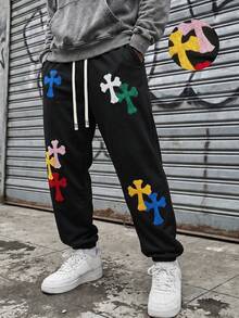 ROMWE MEN Goth Pantalones de chándal con patrón de bordado de cruz para hombres - Negro - Ver 5
