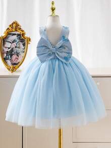 SHEIN Elladie kids 少女蓝色无袖珍珠蝴蝶结网纱罩衫连衣裙，适合晚宴、生日派对、演出、夏季等场合。 - 藍色 - 查看 2