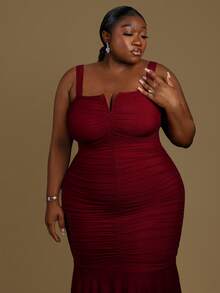 CurvyTilda Đầm bodycon midi nữ size lớn cổ chữ V, nhún bèo gấu váy, đầm dự tiệc đi chơi thanh lịch - Màu Đỏ Sâu - Xem 4
