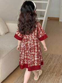 Dazy Kids Young Girls Soft & ComfortablePrinted Ruffle Collar Long Sleeve Dress, Fall Homewear - Red - View 2