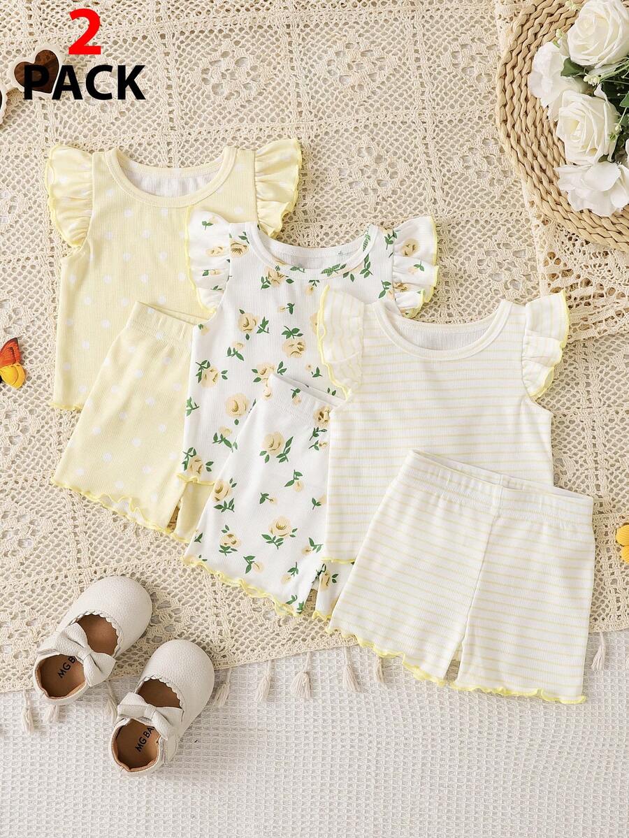 SHEIN Playful Pals 6件/組女嬰荷葉領多色組合上衣配彈性腰短褲套裝,舒適休閒可愛春/夏/秋季穿搭 - 彩色 - 查看 1