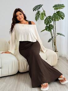 Solflare Plus Size Women's Summer Solid Color Fishtail Hem Square Neck Dress With Asymmetric Shoulder Cover-Up Top 2pcs Set Fall - Chocolate Brown - View 4