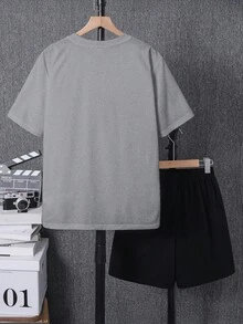 SHEIN 青少年男孩寬鬆街頭風短袖短褲套裝，適合生日派對、晚宴、表演、婚禮、洗禮、開幕典禮，日常穿著、上學、旅行、運動，適合作為春夏季穿搭 - 灰色 - 查看 3