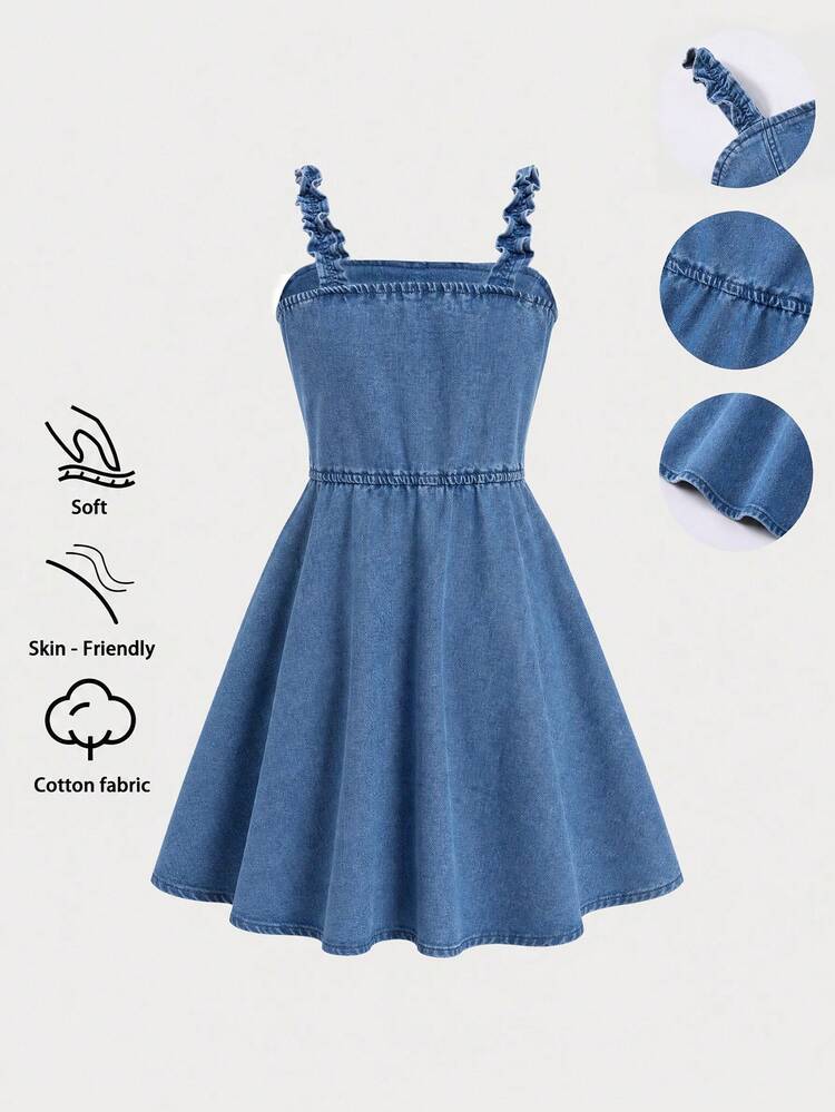 SHEIN Váy suông dáng chữ A phối patchwork dễ thương ngọt ngào cho bé gái, hàng mới mùa hè nhẹ nhàng, màu xanh denim đậm giặt, phong cách thời trang đường phố ngọt ngào thường ngày, thiết kế đa năng cho kỳ nghỉ, cơ bản tối giản, xòe rộng, không co giãn, ôm vừa vặn, váy denim ngắn, chất liệu denim cotton mềm mại thoải mái, mặc hàng ngày, đi tiệc, đi học, đi làm, hàng mới về Xuân/Hè 2026 - Rửa trung bình - Xem 2