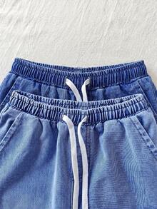 SHEIN 2Pcs Tween Boy Fashion Casual Vintage Cool Street Labeled Blue And Black Loose-Fitting Denim Shorts, 2-Piece Set For Dailywear And Spring To Summer Rave Festival And Streetwear Clothes New SS26 Fashion - Multicolor - View 4