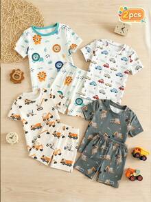 SHEIN 2pcs/Set Young BoyCute Cartoon Lion Print Short Sleeve Shorts Snug Fit Pajamas Set - Multicolor - View 7