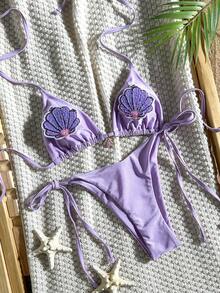 SHEIN Swim Mod-D 2件組 春夏度假純色亮面亮片貝殼裝飾前中貝殼裝飾三角杯胸罩與側綁比基尼褲性感比基尼套裝 - 淡紫色 - 查看 2