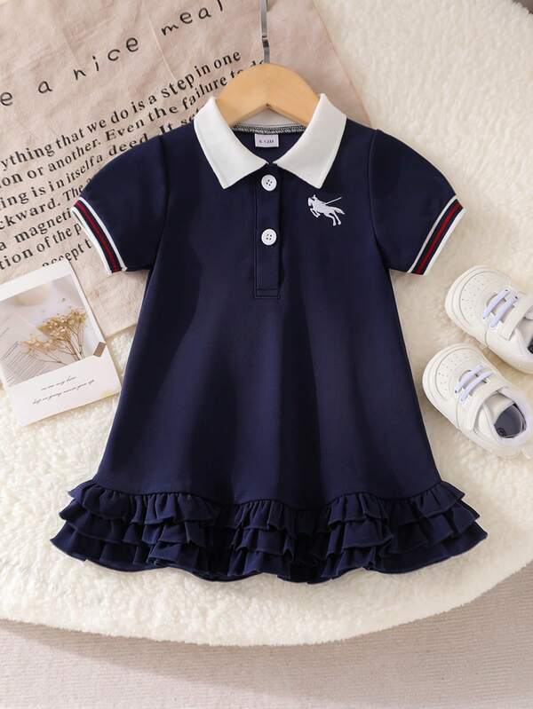 SHEIN Summer Baby Girls' Knitted Polo Collar Short Sleeve Casual Sports Dress, Navy Blue Straight Knit Dress With Horse Embroidery, Ruffle Hem Design