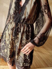 MOTF PREMIUM SPRING/SUMMER WOMEN'S V-NECK LACE WAIST-CINCHING SLEEP DRESS - Black - View 2