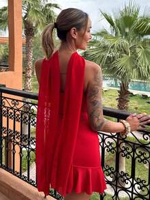 Mélanie ORL 紅色浪漫情人節蝴蝶結緊身迷你洋裝 情人節禮物 浪漫情人節約會穿搭 情人節派對優雅夏季造型 - 紅色 - 查看 3