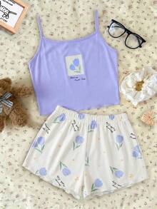 SHEIN Teen Girls Pajamas Casual Simple Slim Fit Camisole Top And Shorts Set, Suitable For Summer - Multicolor - View 6