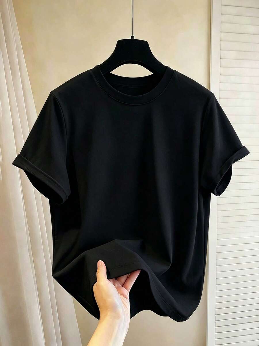 Manfinity Hypemode Plus Size Men's Solid Color Crew Neck Short Sleeve Casual Top Tee - Black - View 1