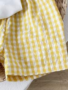 SHEIN 2件組男嬰度假印花上衣與時尚藍色格紋短褲套裝，適合度假、夏季、旅行、上學、節慶 - 黃色 - 查看 7