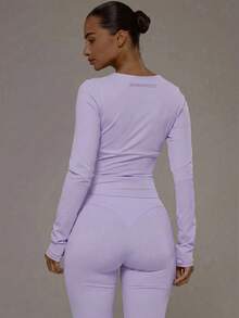 Musera Sport 交叉前襟V領雙層長袖運動上衣（僅上衣）健身房皮拉提斯健身日常休閒運動衫 - 淡紫色 - 查看 2