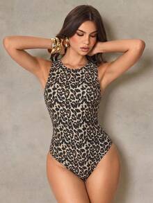 Shapewave Women's Leopard Print One-Piece Swimsuit, Suitable For Beach Vacation Vacation, Pool Party, Beach Party Beige Summer Tropical - Multicolor - View 3