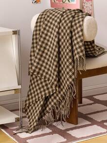 1pc Small Square Checkered Woven Sofa Blanket, Casual Style Polyester Rectangular Tassel Throw For Nap Or Daily Use At Office - Brown - View 5