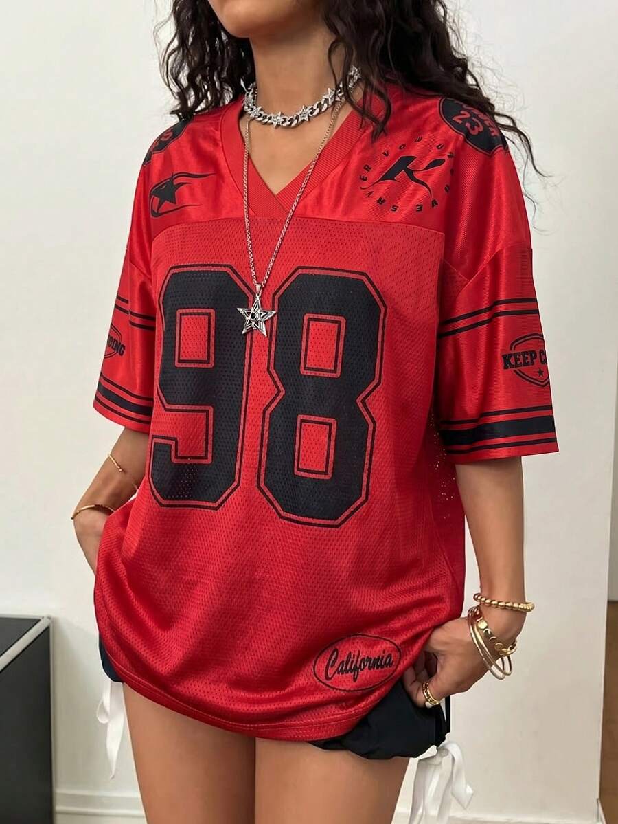 Coolane 女款春夏節慶外出街頭風復古透氣網眼數字圖案印花棒球球衣紅色球衣 - 紅色 - 查看 1