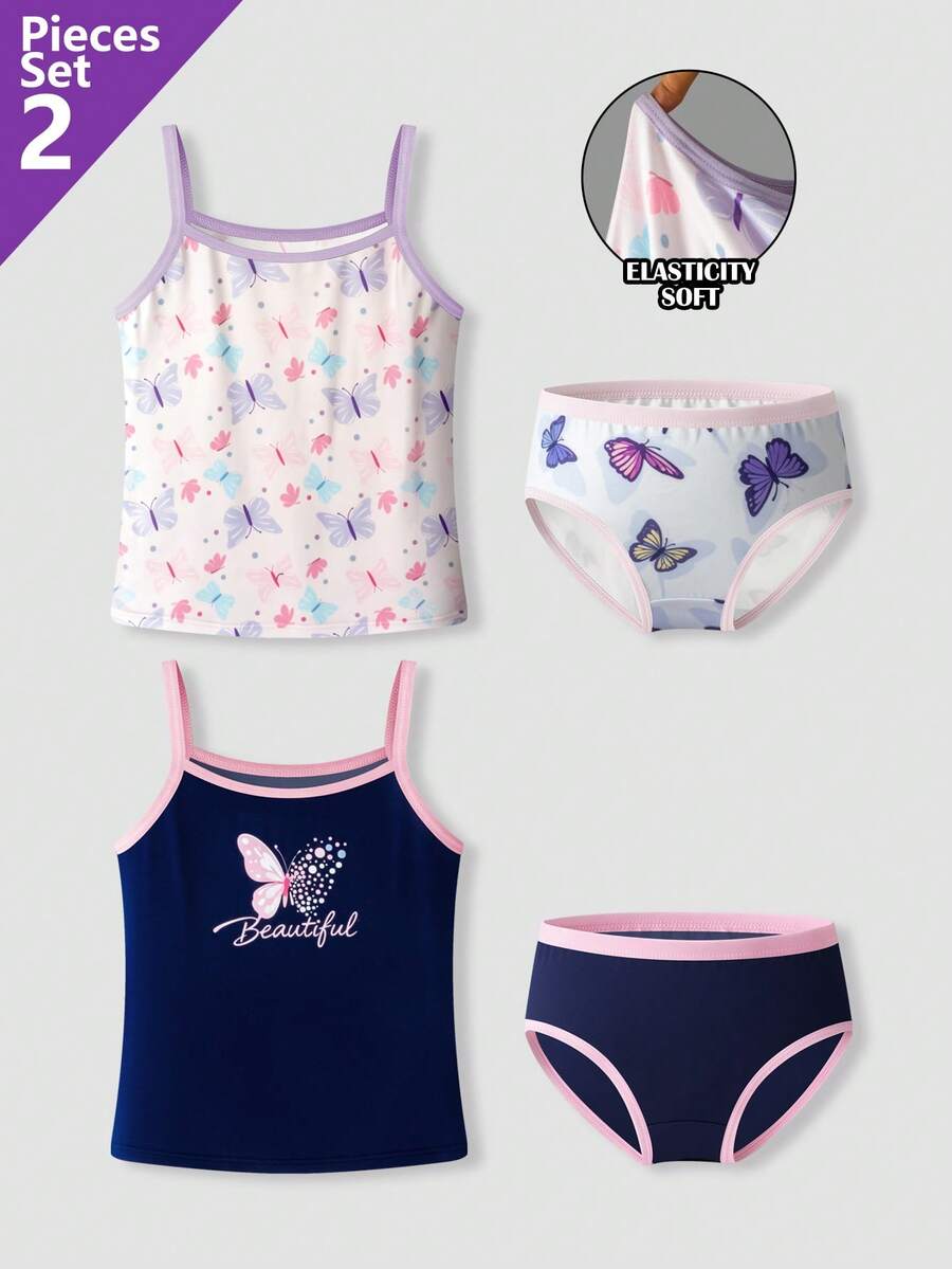 2 Sets Tween Girls Multi-Color Butterfly Print Sweet Soft Comfortable Simple Basic Long Camisole And Triangle Panties Underwear Set - Multicolor - View 1