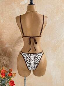 Soleia Conjunto de bikini calado con bordado para vacaciones en la playa - Marrón - Ver 2