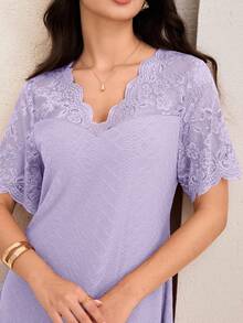 Lacomfia V-Neck Contrast Lace Textured Knit Mid-Length Dress For Women - Purple - View 7