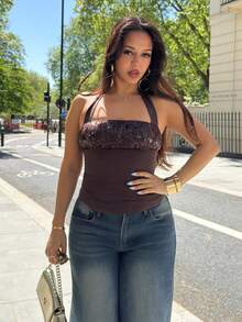 NegzBox Vintage Y2K Sequin Patchwork Slim Fit Racerback Tank Top For Women Casual Summer - Coffee Brown - View 3