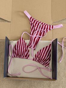 Swim Mod 2piezas/Set Bikini de Copa Triangular con Tirantes Halter para Vacaciones en la Playa, Primavera/Verano - Multicolor - Ver 4