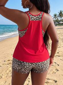 Slaydiva Conjunto de tankini de traje de baño con estampado de leopardo aleatorio para mujer de talla grande - Multicolor - Ver 2