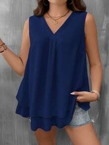 EMERY ROSE Plus Size Women V-Neck Ruffle Hem Sleeveless Blouse - Navy Blue - View 3