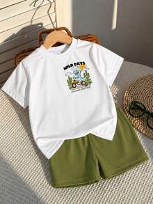 SHEIN Conjunto de 2 piezas de camiseta de punto de cuello redondo con estampado de dinosaurio blanco y pantalones cortos para bebé recién nacido niño de 6 meses a 3 años, ropa casual de verano para playa y deportes - Multicolor - Ver 5