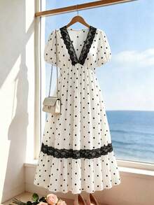 GlowEve CURVE Robe à pois grande taille, robe mi-longue à col V en dentelle noire avec manches pétales, style flatteur et vintage pour femmes rondes - Blanc - Voir 7
