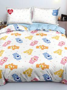 SHEIN X Care Bears 三件組動物卡通印花被套，拋光材質，柔軟保暖，藍色被套，雙面圖案，多種尺寸可選，適用於單人床/雙人床/特大床，絕佳禮物 - 藍色 - 查看 2