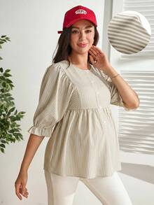 SHEIN Women's White Striped Shirt, Half-Open Collar, Single-Breasted, Loose Sleeves And Hem Design, Elegant Softmotherhood And Versatile, Autumn Maternity - Khaki - View 4