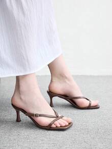 CUCCOO BIZCHIC Giày nữ mũi vuông, dép xỏ ngón màu nâu, sandal cao gót nữ, kiểu dáng thời trang và thoải mái, đa năng, phù hợp đi làm hàng ngày, dép lê nữ. - Màu nâu - Xem 5