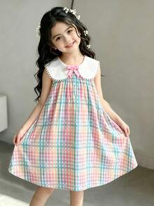 SHEIN Elladie kids 女童休閒彩色格紋印花洋裝，附可愛3D蝴蝶結、荷葉邊飾、方領/圓領、開胸設計，甜美優雅風格，適合日常穿著、度假與通勤 - 彩色 - 查看 3