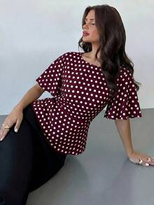 Firerie 女款優雅浪漫海邊度假收腰上衣，休閒都市通勤時尚百搭白色圓領荷葉袖綁腰X型版型襯衫，教師穿搭，夏季穿搭 - 酒紅色 - 查看 5