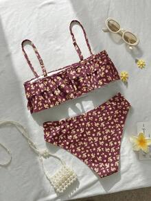Swim Mod 花卉飾邊可愛甜美復古休閒度假海灘女款泳裝套裝 - 紅色 - 查看 3