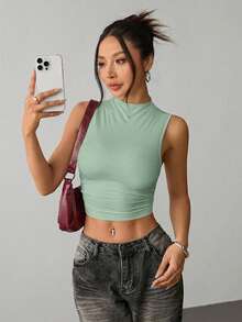 SHEIN PETITE Áo tank top cổ giả cao nhún bèo màu đen - Màu xanh Bạc hà - Xem 3