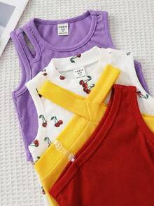 4pcs Young Girl Solid Color Heart Pattern Knit Vest Set - Multicolor - View 6