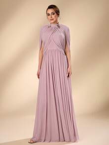Serin Gaun A-line Rajut Elastis Lengan Berkerut Mewah dan Elegan dengan Gesper Logam, Cocok untuk Pernikahan, Pesta, Liburan, Acara Dansa, Festival, Wisuda, Gala, dan Gaun Ibu Pengantin. - Dusty Pink - View 7