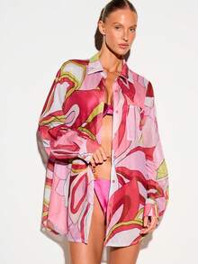 KIZN Sheer Printed Mesh Oversized Casual Sexy Tropical Button-Down Shirt Cover-Up With Long Sleeves Chest Pocket, Abstract Swirl Print, Summer Beach Pink - Hot Pink - View 1