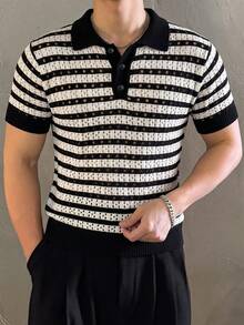 DAZY 男士短袖黑白條紋 Polo 領針織上衣 夏季款 - 彩色 - 查看 6