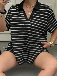 Muchica Plus Size Women's Summer Casual Vacation Daily Commute Color Block Striped Print V-Collar Short Sleeve T-Shirt And Shorts Set - Black - View 7