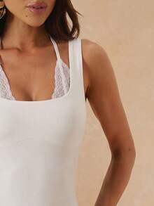 SHEIN BAE Solid Color Lace Patchwork Sleeveless Bodysuit, Chic Vacation Layering Piece, Spring/Summer - White - View 7