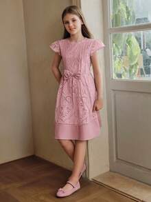 Anewsta Cute Girls' Short Sleeve Embroidered Patchwork Bow Decor Light Blue Dress, Spring/Summer New Style - Pink - View 4