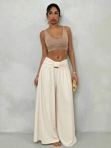 Glamine Women's Elegant Loose Waist-Cinched Long Pants, Pale Yellow, Suitable For Beach Vacation, Dating And Outings - Apricot - View 4