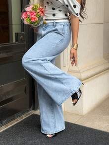 Rivivi Quần jeans ống rộng mài casual nữ - Rửa nhẹ - Xem 4